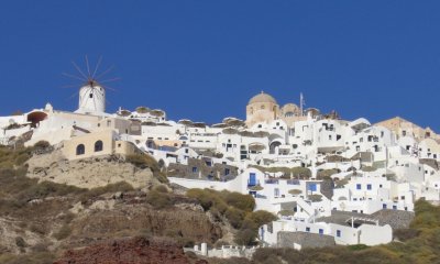 Looking up at Oia from the ship