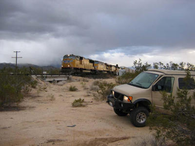 UP train and Sportsmobile in Mojave NP