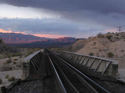 Sunset color at Ivanpah siding in Mojave National Park. 3-06