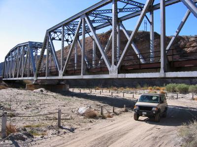 Sportsmobile under UP bridge in Afton Canyon. 3-06