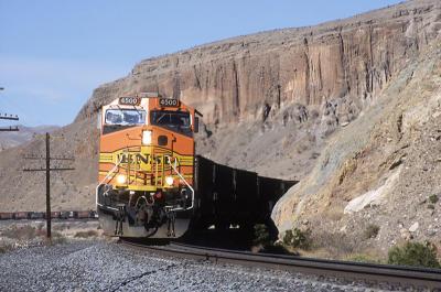 BNSF power on UP coal train in Afton Canyon. 3-06