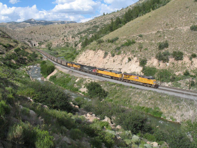 A UP coal train curves through Price River canyon near Martin, Utah.