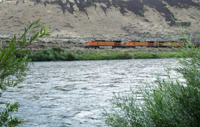 Tuesday night we camped along the Yakima River in central WA. While setting up camp BNSF provided entertainment across the river