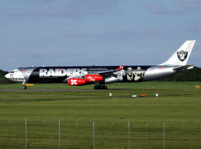 Just here going onto runway 05 at Stansted at 1805 on the Saturday evening.
This is the only A340 painted in a special livery from the Airline.
The other two XAA & XAB are in the regular red paint job
albeit each with a slightly different design.