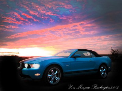 My Mustang with Burlington sunset in Vermont