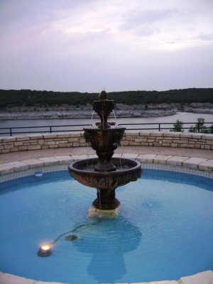 A close-up of the fountain in the landscaped area our patio looked out over.