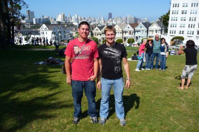 May 21, 2011. Chris and Corey in Alamo Square. Old Victorian homes and San Francico skyline in distance  (2).JPG