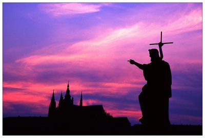 Prague Castle and Statue at Dusk