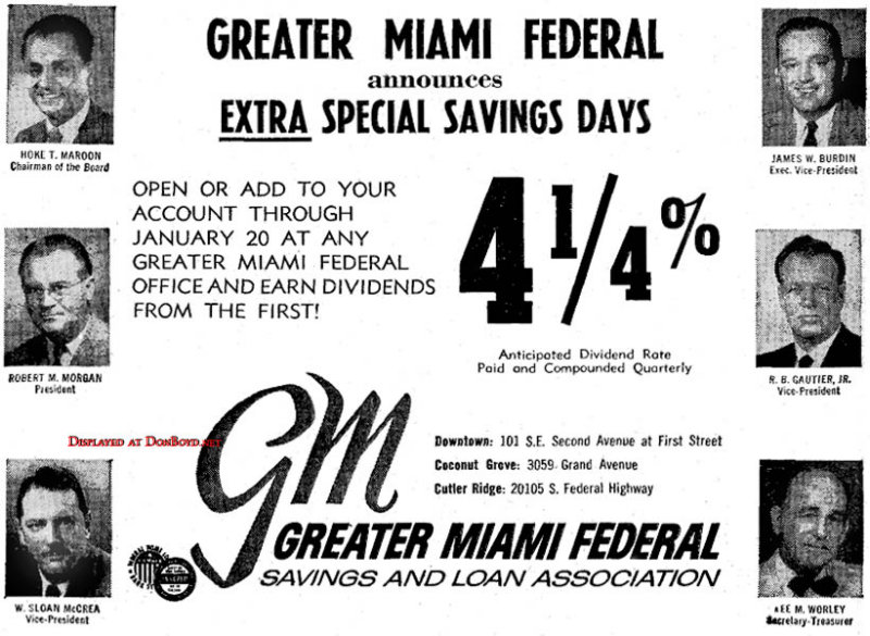 1964 - ad for Greater Miami Federal Savings and Loan Association with three locations in Dade County