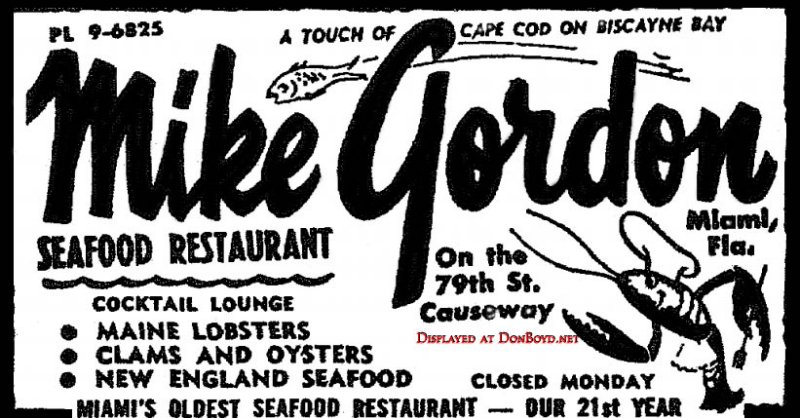1966 - ad for Mike Gordon Seafood Restaurant on the bay and 79th Street Causeway