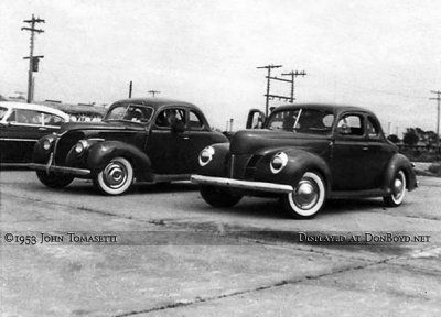 1953 - Jack Trammel and his 1938 Ford (left) and John Tomasetti's 1940 Ford at a drag race in Davie