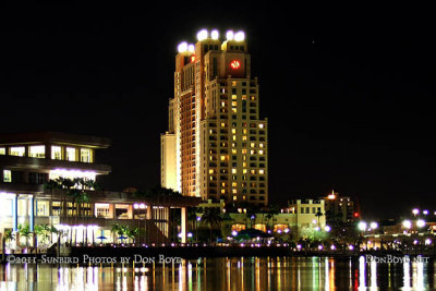 2011 - a night time view of the Tampa Convention Center on the left and the Tampa Marriott Waterside Hotel in the center