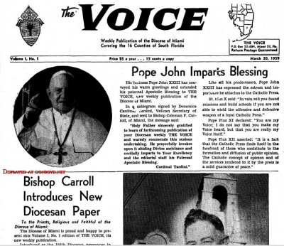 1959 - 1st issue of the VOICE, serving the Catholic Diocese of Miami covering 16 counties of South Florida