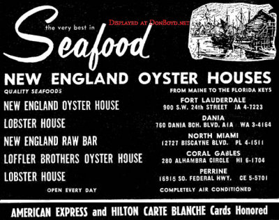 1960 - ad for New England Oyster House with five locations in Dade (3) and Broward (2) counties