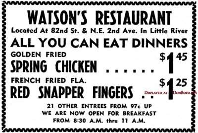 1960 - ad for Watson's Restaurant in Little River at N. E. 2nd Avenue and 82nd Street