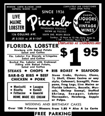 1963 - ad for Picciolo's Italian Restaurant on Miami Beach