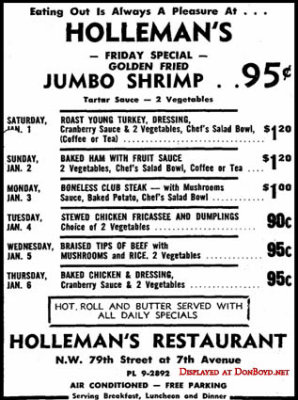 1965 - ad for Holloman's Restaurant where eating out is always a pleasure