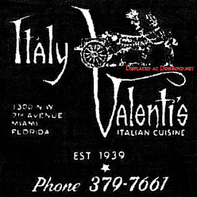 1966 - ad for Valenti's Italian restaurant on N. W. 7th Avenue, Miami
