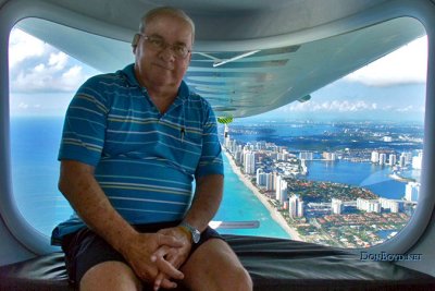 May 2011 - Don Boyd in the tail of the gondola on the Air Ventures Zeppelin (Farmers Airship) N704LZ offshore of Golden Beach