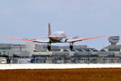 Flagship Detroit Foundation's restored AA DC-3-178 NC17334 about to touch down at MIA stock photo