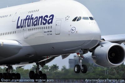 Lufthansa's A380-841 D-AIMD Tokio inaugural landing at MIA aviation stock photo