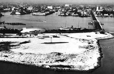 1934 - the Goodyear Blimp on Watson Island with the County Causeway and Port of Miami in the background
