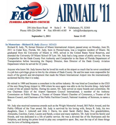 September 2011 - Florida Airports Council article about Dick Judys passing