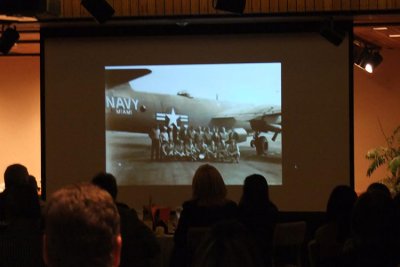 Dick Judy in his Naval Reserve squadron during a video at his Celebration of Life luncheon at MIA
