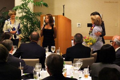 Dick and Sonja Judy's daughter Jolie J. Davis speaking to the guests at Dick's Celebration of Life luncheon