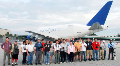 2012 MIA Airfield Tour - the aviation photographers on bus #2 with Boeing B747-409(LCF) Dreamlifter N249BA behind them