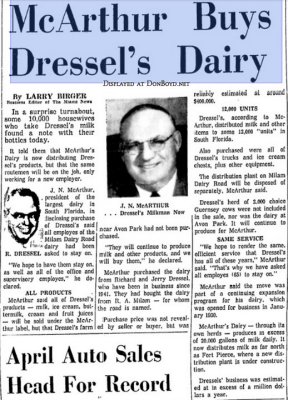 1962 - Miami News article about McArthur Dairy buying out Dressel's Dairy on Milam Dairy Road west of the airport