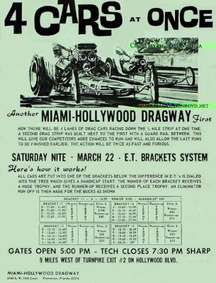 1974 or 1975 - flyer advertising 4 car drag racing at Miami-Hollywood Dragway way out west on Hollywood Boulevard