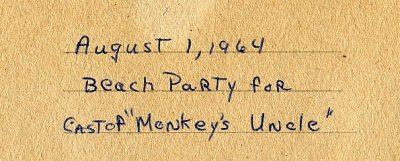 1964 - information page for beach party for the cast of Monkeys Uncle