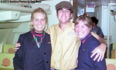 1973 - United Airlines Flight Attendants Pat Ban and Denise Bentzinger with Joe Mullery Jr.
