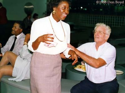 1988 - Norm Andresen begging Lettie Gooding for something at Charlie Mauch retirement party