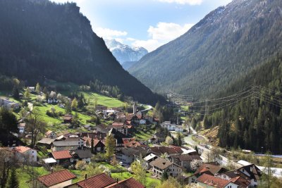 ...the village of Filisur below bathed in sunshine.