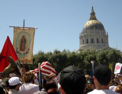 sf - may 1st immigration rights rally, virgin of guadalupe banner and city hall