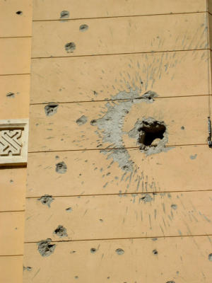 shrapnel blast pattern on grammar school in mostar