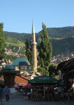 cafes and the bascarsija mosque in sarajevo