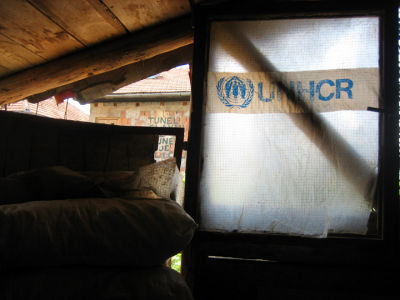 window made from plastic bag from humanitarian aid
