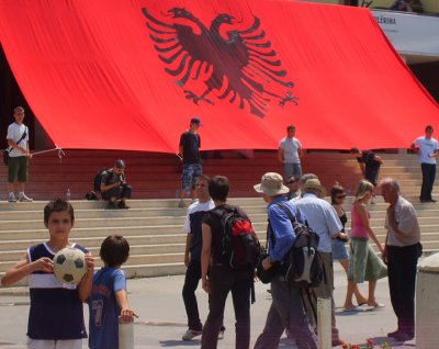 symbol of the kosovar albanians, at independence rally