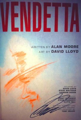 DavidLloyd sketched this in V for Vendetta Graphic Novel at Tates Comics on 7-16-11
