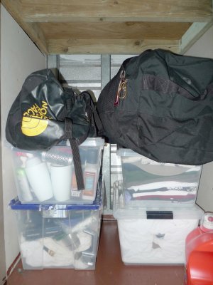 Totes and Duffles inside storage locker that we keep on Maui