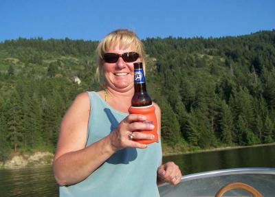 Sue with a cold one