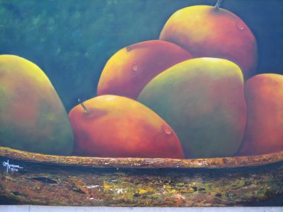 MANGOES IN WOOD BASE. 24 X36 Mix media with texture. SOLD