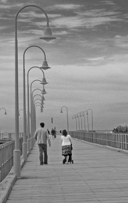 The Pier and a Family B&W