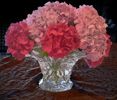 Hydrangeas, Crystal Vase and Light