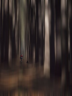 Hiker and Black Dog in a Strange Place