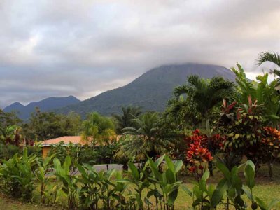 The Arenal Volcano as seen from the grounds of the Hotel Arenal Manoa where we stayed. The building is the hotel's restaurant.