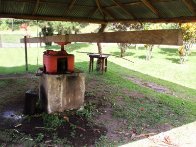 A machine to extract juice from sugar cane. As part of a demo, Judy pushed the wood board in a circle to extract the juice.